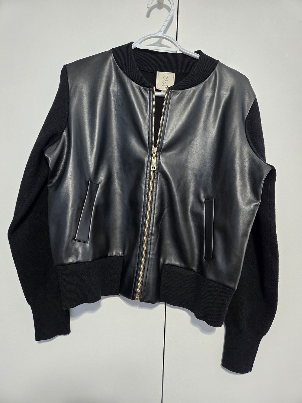 Sioni‎ Faux Leather Knit Bomber Jacket Black Zip Front Medium